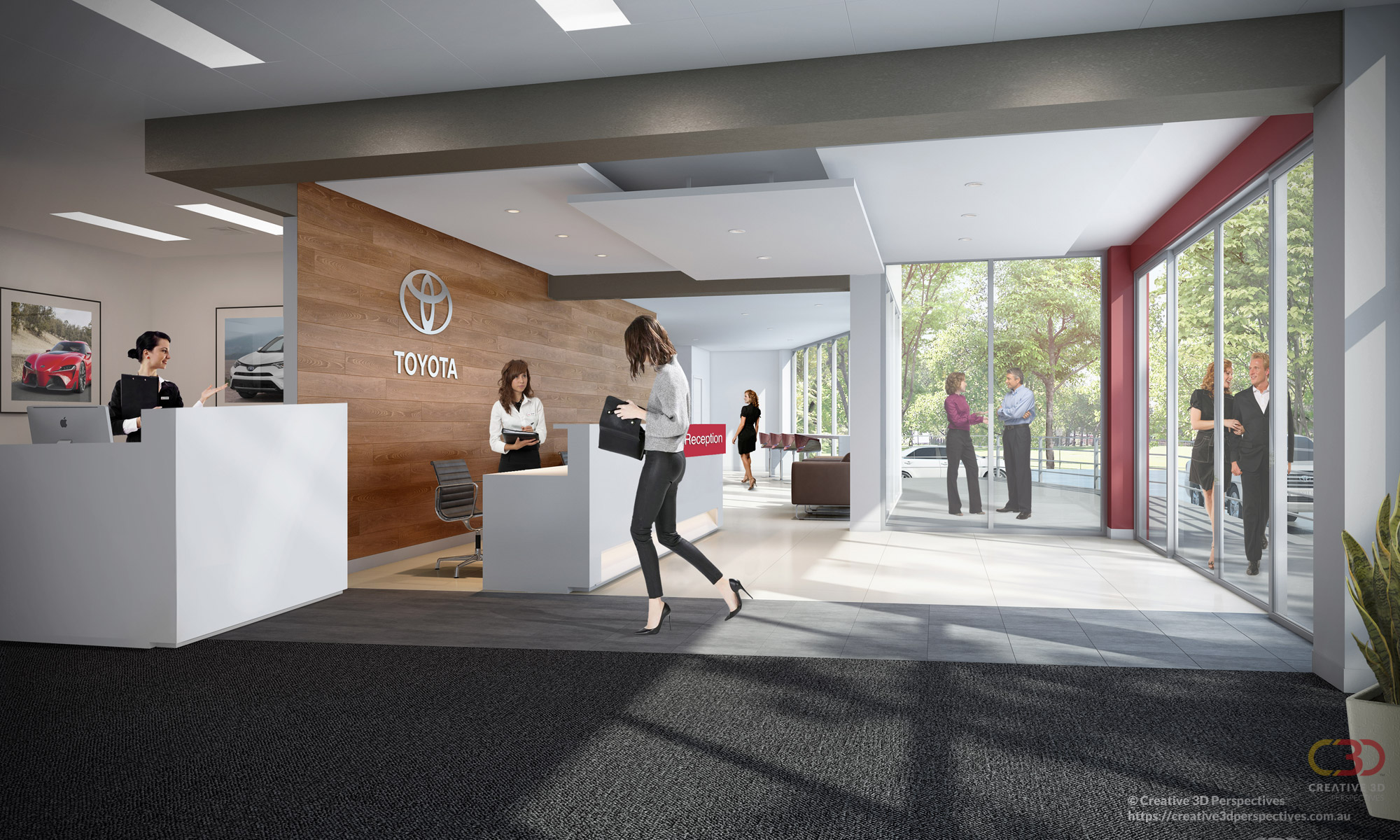 Retail Car Service Reception area creative 3D rendering perspective exterior Toyota Service Centre Artarmon